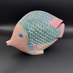 Vintage Wooden Fish Figurine • Pastel Hand Painted Fish • Nautical Wood Art